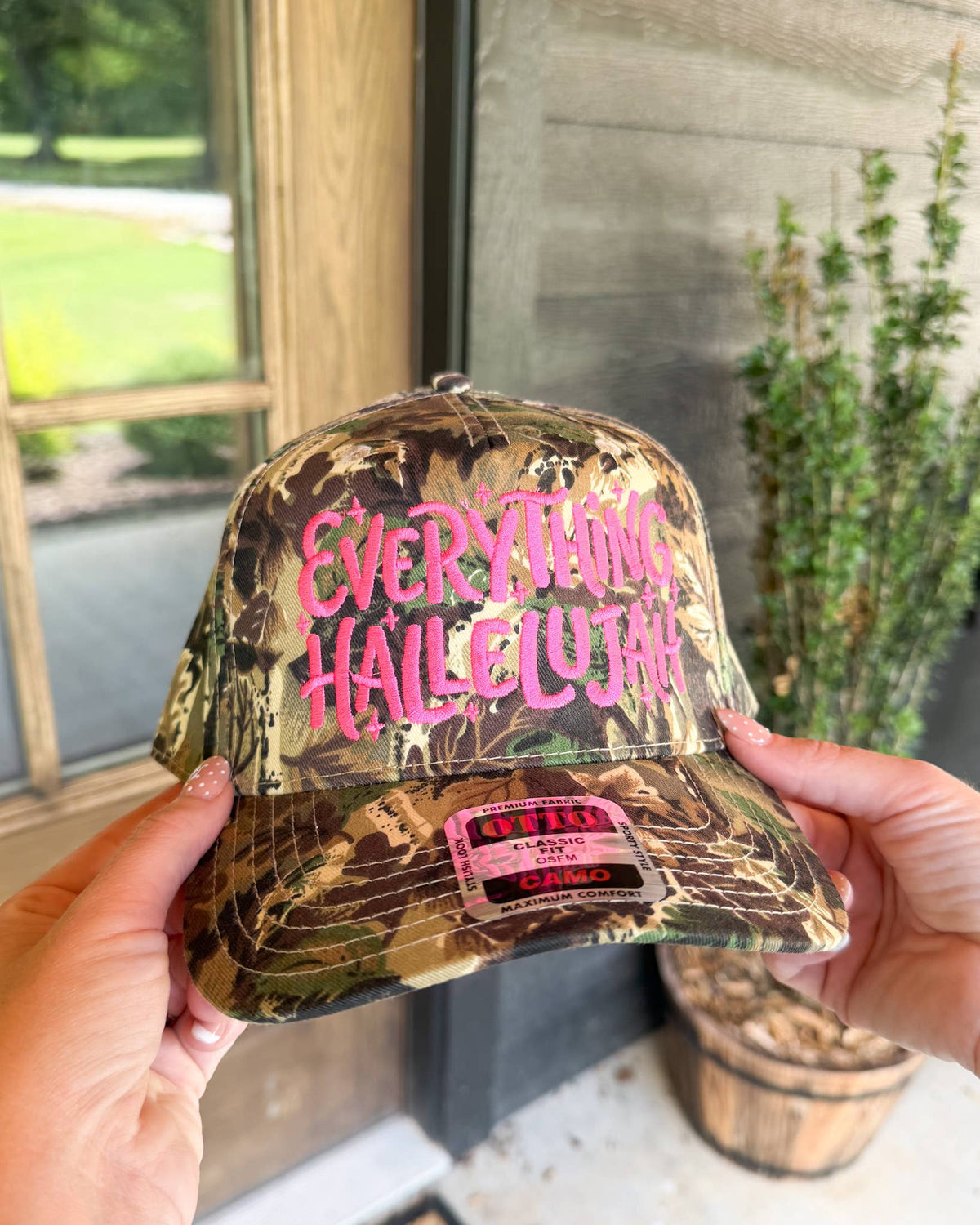 Everything Hallelujah Embroidered Trucker Hat Camo